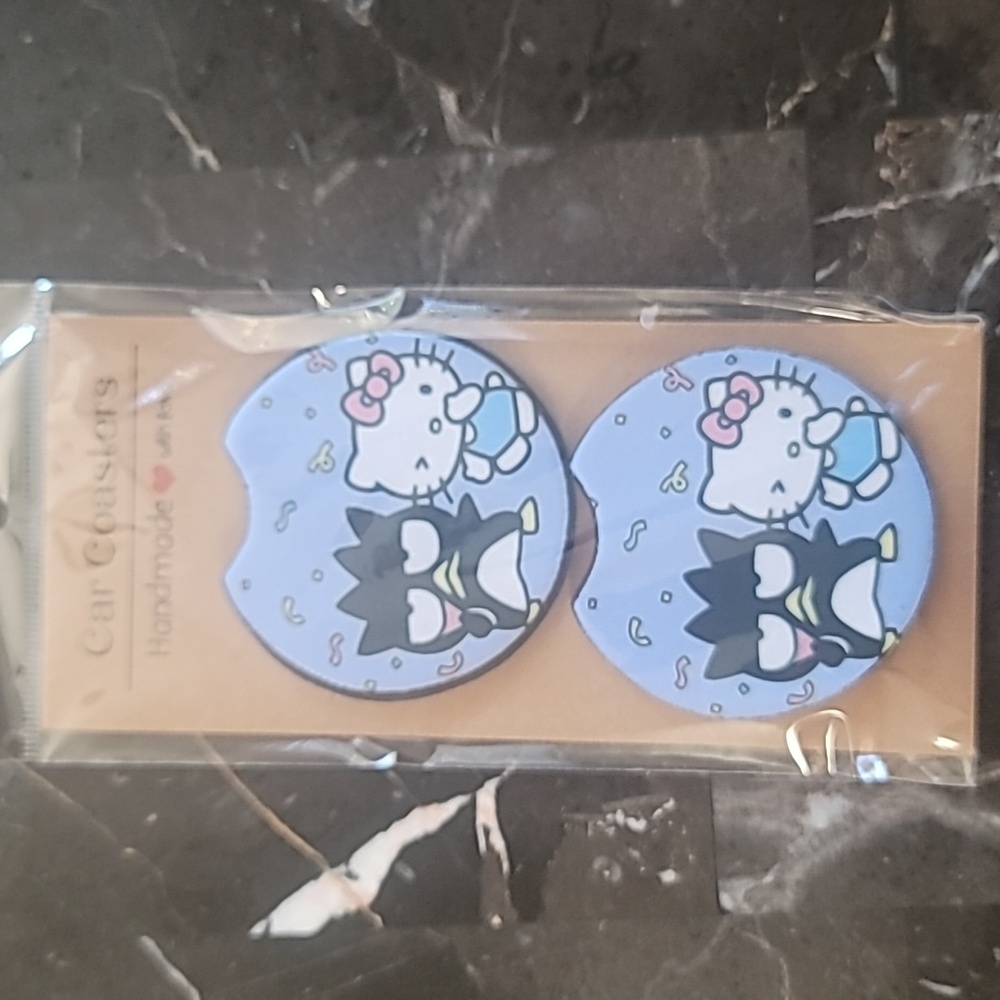 Penguin And Cat Car Coaster Handmade Reuseable Neoprene Set of 2 Cup Holder